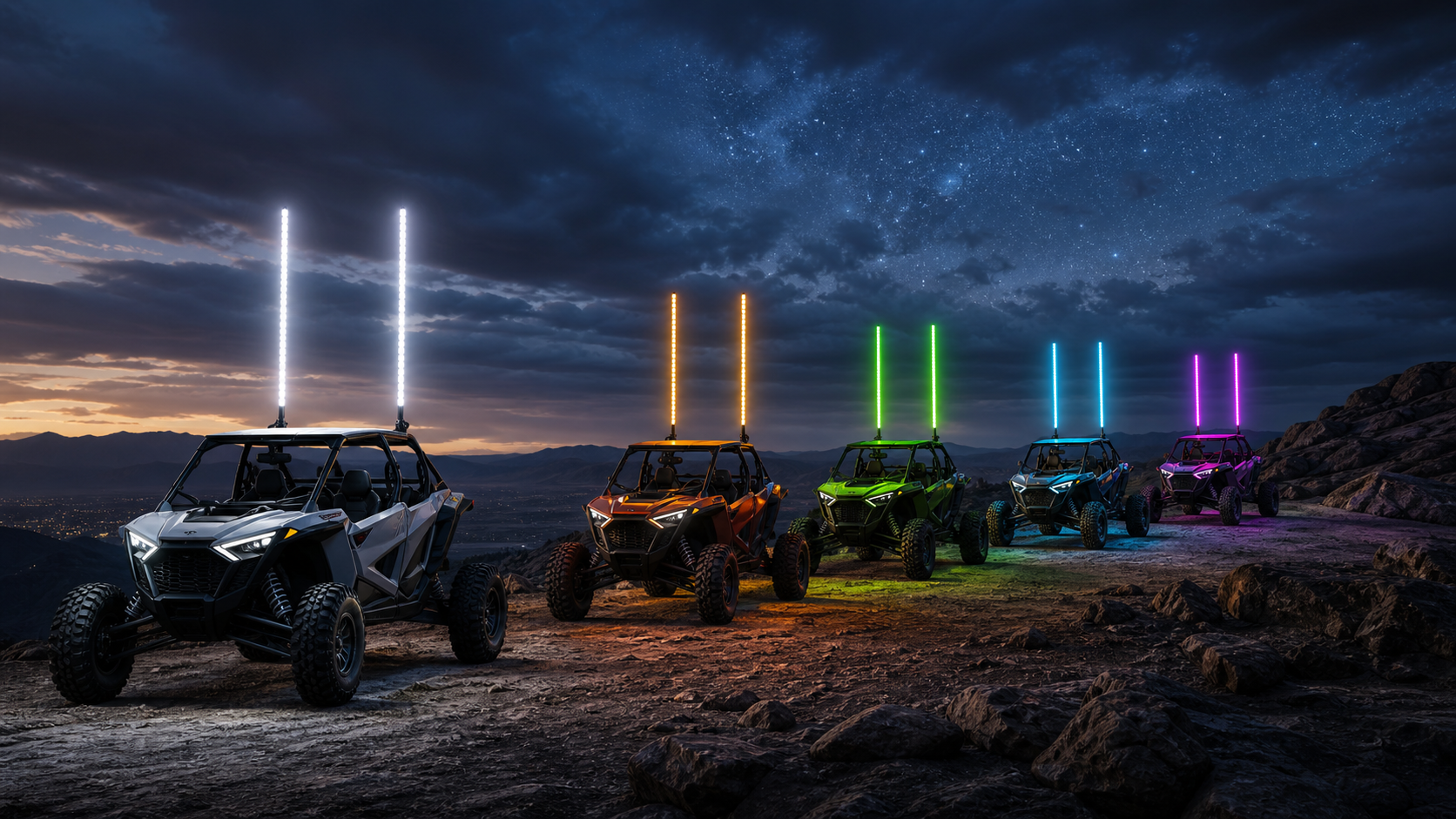 Five stationary off-road vehicles demonstrating a synchronized convoy lighting wave